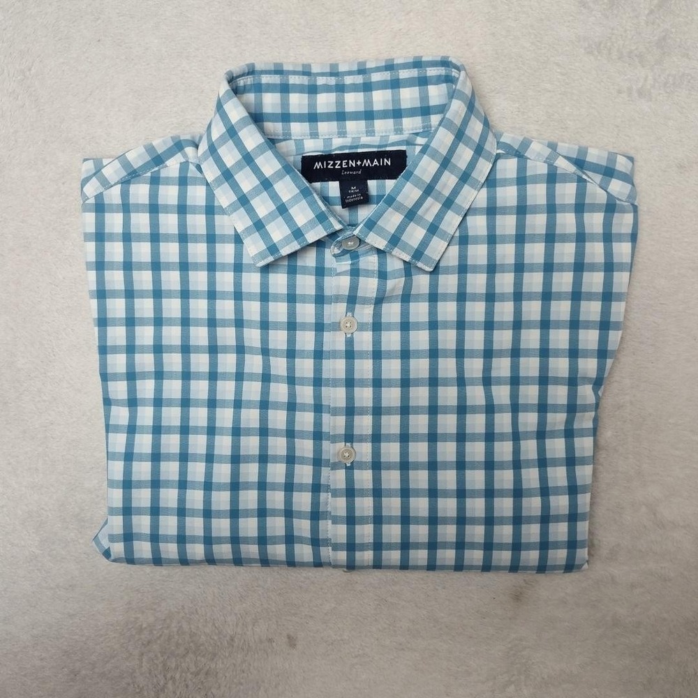 Mizzen+Main Shirt Mens M Blue Gingham Slim Point Collar Dress Long Sleeve